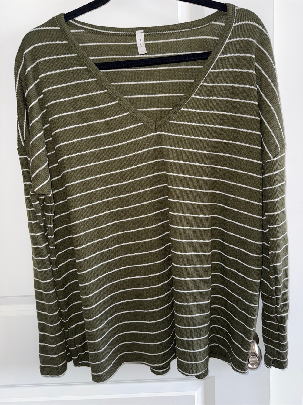 mts Olive Green and White Striped V-Neck Long Sleeve